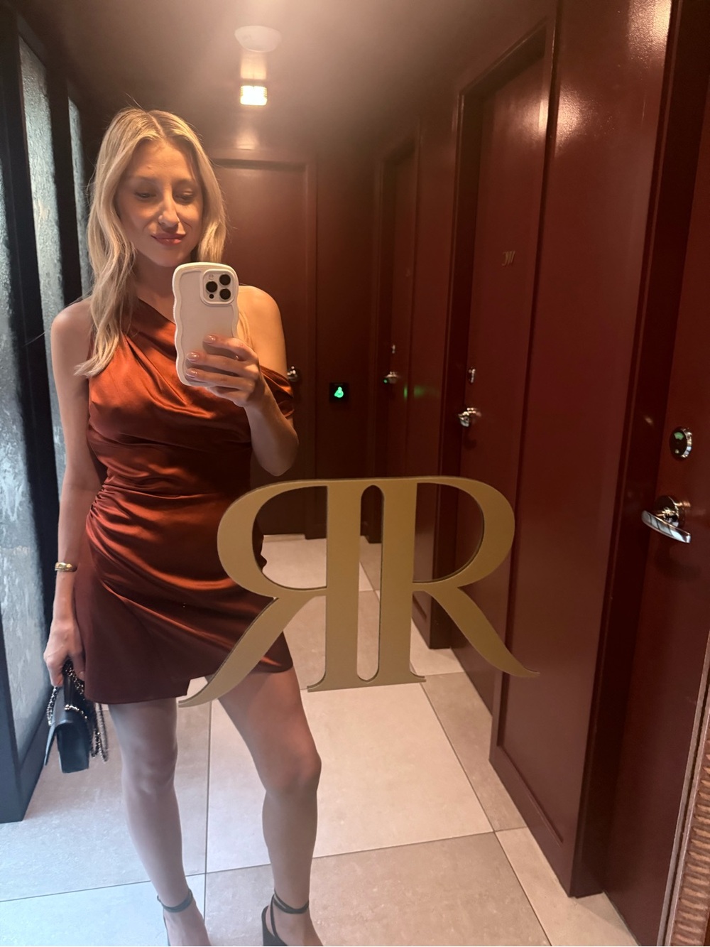 Reformation One-Shoulder Satin Mini Dress in Rust